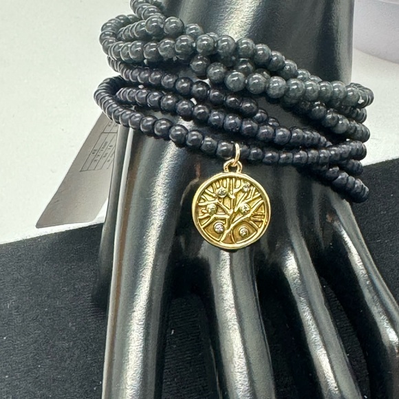Set of 6 Stretch Black and Grey Beaded Bracelets with Tree Of Life Charm - Picture 12 of 13